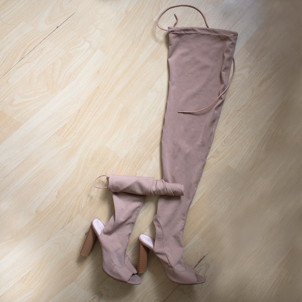 Women's Nude Sock Fitted Thigh High Boot Heels, 8